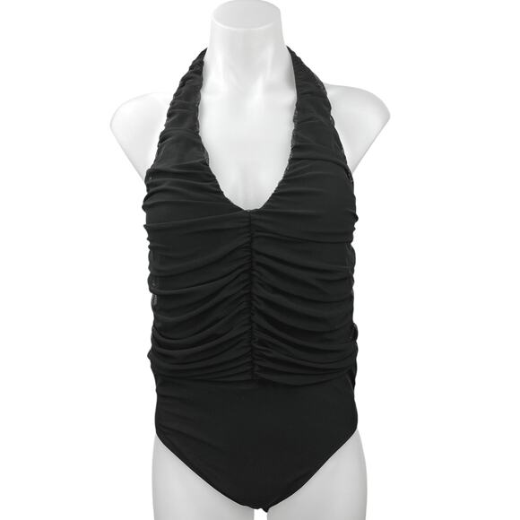 H&M Black Ruched Halter Tie Open Back Padded Sleeveless Bodysuit Top Size M - Picture 1 of 5